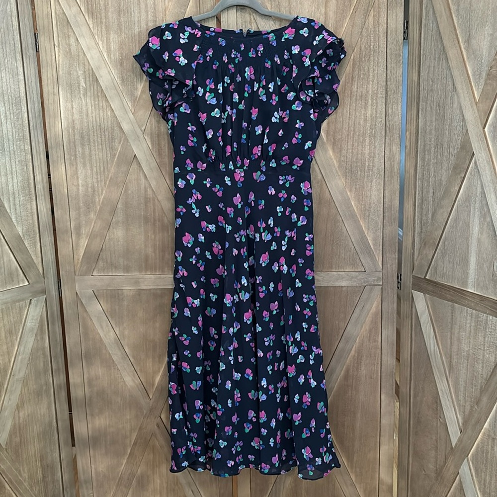 DKNY size 10 Navy Blue Floral Dress - pink purple green - flutter cap sleeve
